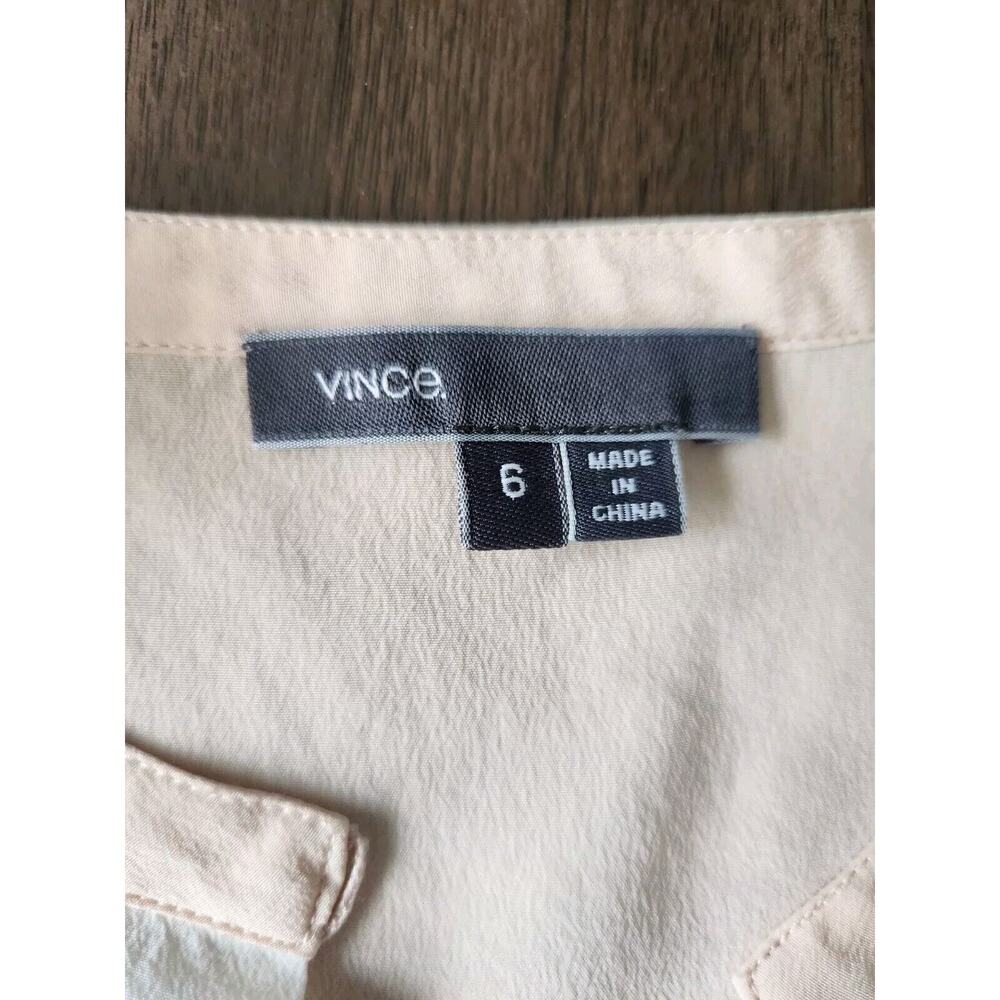 VINCE 100% Silk Long Sleeve Colorblock Blouse Top Size 6 Ivory Peach Split Neck - Picture 8 of 10